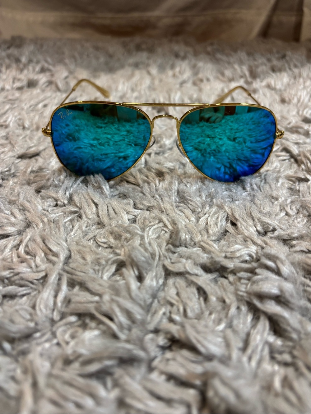 Ray-Ban Gold Frame Sunglasses with Blue-Green Mirror Lenses